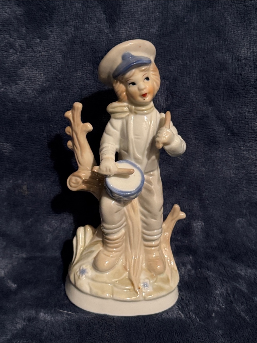 Porcelain Drummer Boy Figurine in Cream and Blue - Decorative Home Art